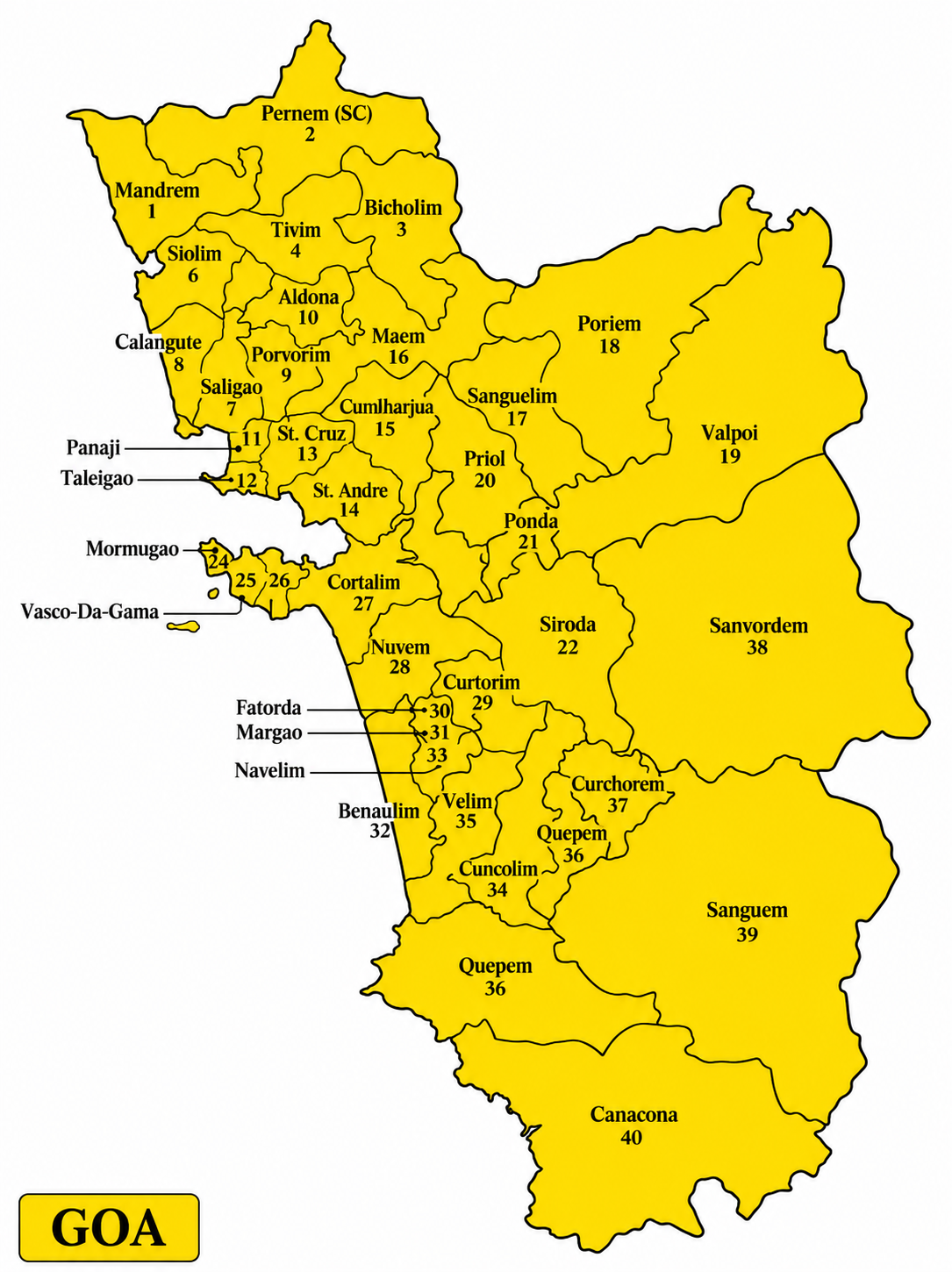 Map of Goa's 40 Legislative Assembly constituencies